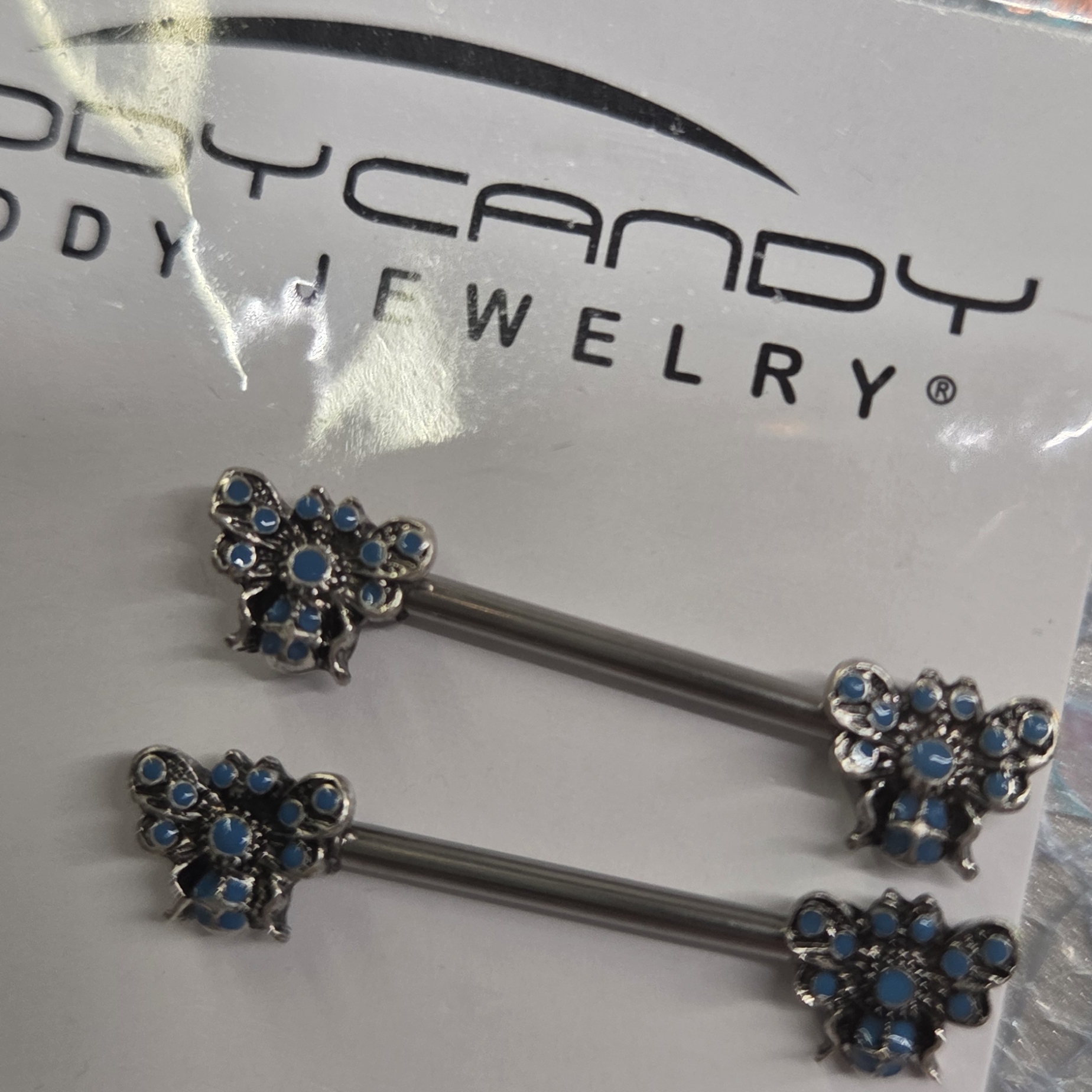Body Candy Silver And Blue Butterfly Barbell Rings
